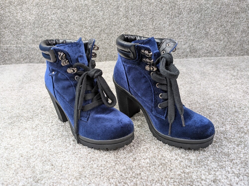 Joe Boxer Boots Womens 6 Blue Velvet Chunky Heel Booties Edgy Industrial Trendy